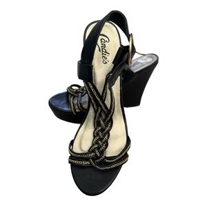 Kohl's Candie's Black Braided Strap Platform Wedge Sandals with Gold Accents